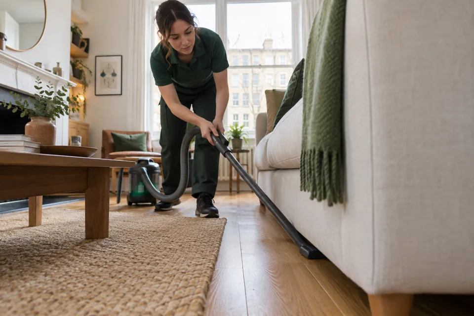 Illustration of an accessible floor edge being vacuumed beside a sofa