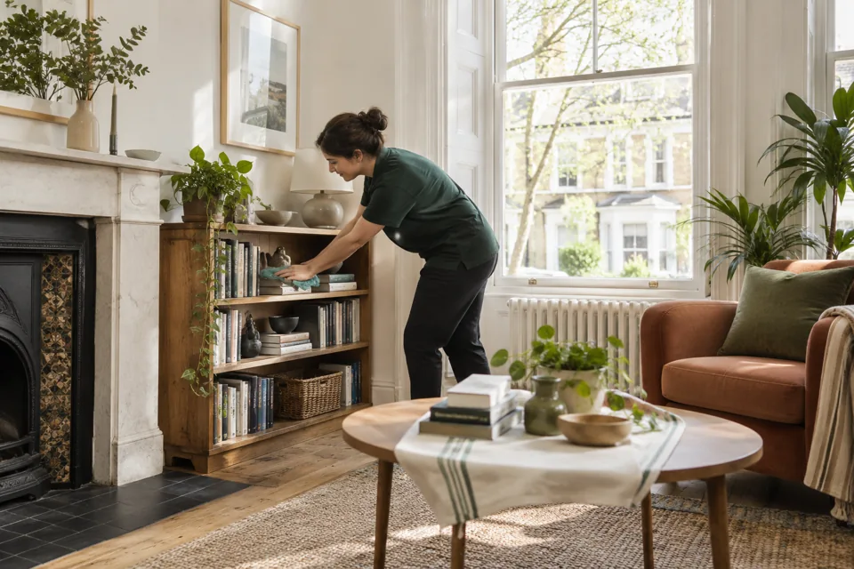Illustration of bookshelf dusting during a seasonal clean in a London sitting room