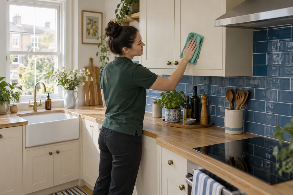 Illustration of a kitchen cupboard front and splashback being wiped