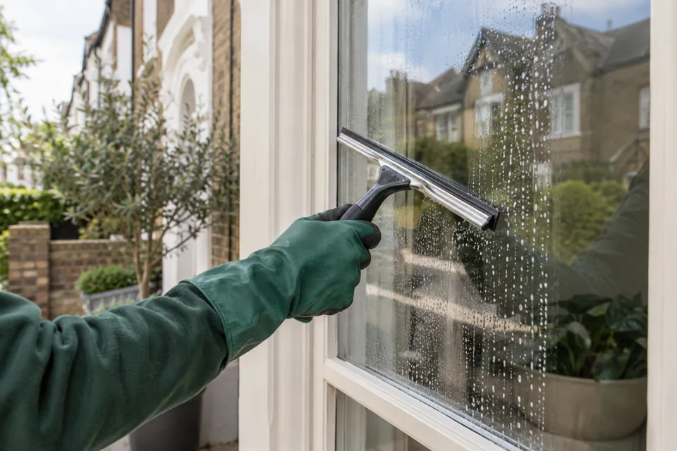 Illustration of a squeegee removing water from an accessible glass pane