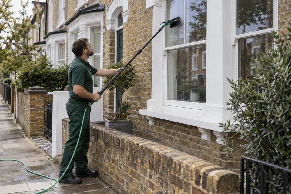 Illustration of ground-level pole cleaning at the windows of a London terrace