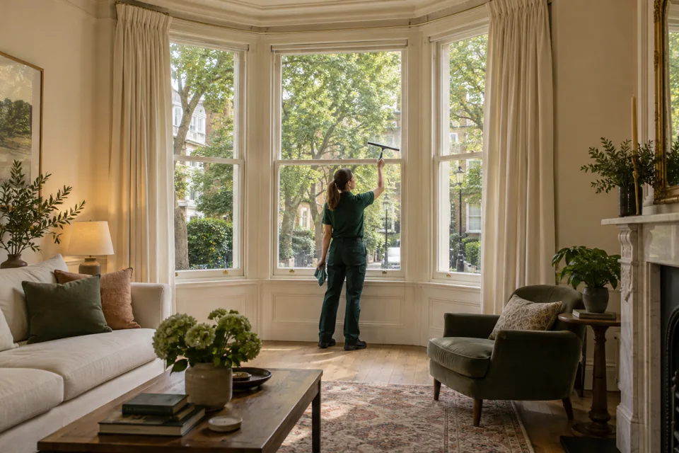 Illustration of accessible bay-window glass being cleaned from inside a London home